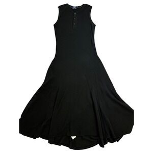 Polo Ralph Lauren Black Waffle Knit Henley Sleeveless Maxi Dress Womens Large